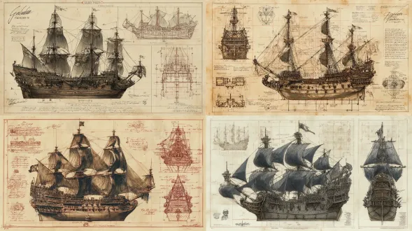 经典海盗大帆船三视图正交投影（前/侧/顶）+剖面图，风化橡木船体带盐渍，雕刻美人鱼船首像，黑色船帆配骷髅旗，磨损绳索索具，黄铜大炮带锈蚀铜绿，剖面展示堆叠宝箱（金币散落）、船员铺位和木质龙骨结构，复古水墨蓝图，棕褐色调配猩红强调线，手写技术标签，仿古纸纹，超精细线稿，高精度工程绘图，专业cad制图，精确比例尺，维多利亚时代航海图纸，工业革命时期造船档案，褪色墨水效果，微磨损边缘，科学图解风格，