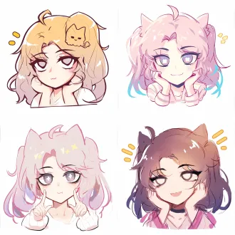 doge mask hands up, same chibi avatar girl with twin-tails, headshot ratio, pastel palette, clean line art, white background, kawaii emoji style, no text