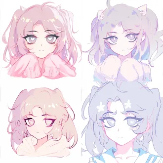 hooded eyes peeking, same chibi avatar girl with twin-tails, headshot ratio, pastel palette, clean line art, white background, kawaii emoji style, no text