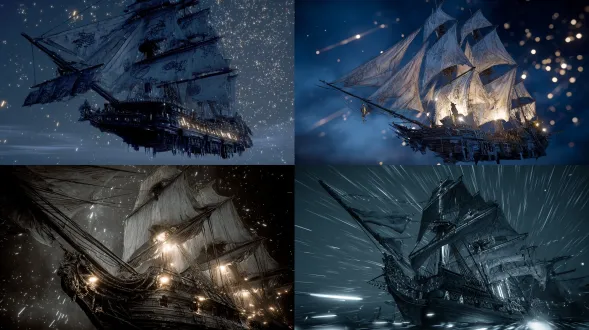 一艘幽灵海盗船在星光下航行，船身破旧但气势磅礴，船帆上绣着古老符文，甲板上万把光剑悬浮待发，剑光映照星空，船长站在船头披风飘扬，目光凌厉，夜色深邃而神秘，流星划过天空。 暗色调，广角镜头，长曝光，动态模糊，冷色调光效，星云背景，低角度拍摄，强烈光影对比，魔幻现实主义，史诗感。