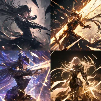 女性释放王之宝库技能，动态姿势，无数刀光从天而降，华丽特效，金属反光，暗黑背景，冷色调，广角镜头，高速快门，粒子效果，锋利感，震撼，强大气场，长发飘逸，战斗服，锐利眼神，能量爆发，高对比度，细节丰富。