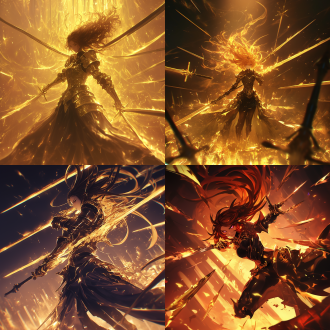 女性释放王之宝库技能，远景构图，动态张力，华丽特效，无数刀剑投射，面对观众，长发飘逸，冷酷表情，黑色战袍，金色能量光环，暗色调背景，冷色主调，广角镜头，运动模糊，高动态范围，侧逆光，金属反光，压迫感，史诗感