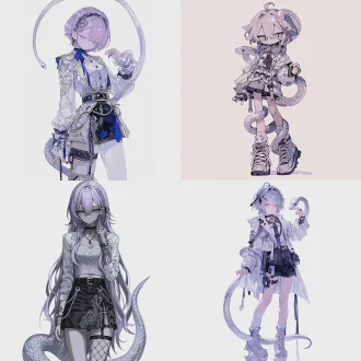 设计一个二次元形象，蓝紫色头发，冷酷甜美风少女，蛇拟人，手上缠绕着一条细长银色小蛇。服饰为现代风