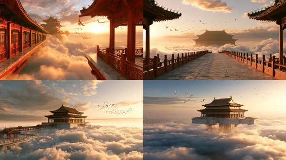 东方仙侠浮空金殿云海，三分构图，低角度广角，晨暖金侧光，体积雾，仙鸟掠飞，朱红廊柱汉白玉台，8k次世代cg，史诗纵深感，清透云汽，大气透视。