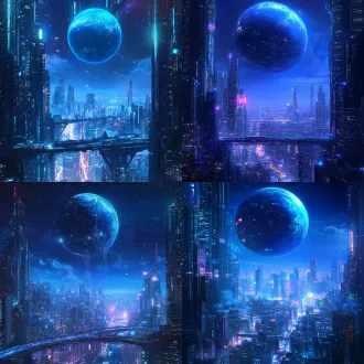 未来科幻城市夜景，蓝色星球悬于天际，远处是霓虹闪烁的摩天大楼与高架桥，玻璃窗反射城市灯光，深蓝夜空带细微星尘与粒子，赛博朋克氛围，冷色调，高对比光影，细腻动漫场景原画，电影感构图，远景深景深，干净无人物。