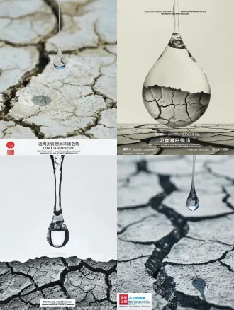 聚焦“水资源与生命”的极简对比（最推荐，留白最多） 设计思路： 用极度干旱与一滴水的对比，直击人心。呼应“水资源节约集约利用”。 · 中文释义： 一张极简风格的公益海报。背景是干净、大面积的米白色（留白）。画面中央偏下，是一片干裂、枯黄的黄河河床（代表生态危机）。在干裂的土地缝隙正上方，悬浮着一滴晶莹剔透、形状完美、散发着微光的黄河水滴（代表希望与保护）。水滴中隐约倒影出郁郁葱葱的湿地。强烈的对比，极简主义，摄影质感，具有警示意味，绝对不要任何文字。