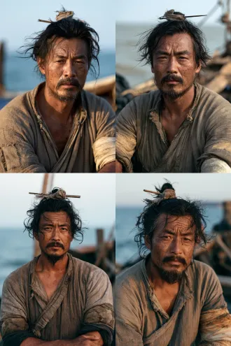 documentary photography, ultra realistic candid portrait of an ordinary chinese coastal peasant fisherman in his late 30s, weathered working-class man, not handsome, rugged and plain face, strong jaw, thick eyebrows, tired but kind eyes, short messy beard and stubble, deeply sun-tanned wind-burned rough skin, visible pores, sun spots, freckles, dry salt-crusted texture, deep forehead lines, messy uncombed black hair loosely tied into a low messy bun with a frayed cloth strip and a simple wooden hairpin, many stray windswept strands, unkempt and sweaty, wearing a worn coarse-hemp cross-collared long-sleeve tunic in faded muddy brown, frayed collar, sleeves rolled up to elbows showing two-tone sunburned forearms, patched and stained handwoven clothes, natural harsh seaside sunlight, shot on fujifilm gfx, 85mm, natural skin texture, no makeup, no retouching, gritty authentic, shallow depth of field, sea and wooden boat blurred in background