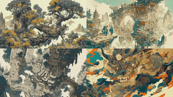 坂本慎太郎风格，手绘怪趣+解构形式。手绘风格夸张怪异，以蓝绿橙色调为主，荒诞，富有个人世界观表达。世界钢笔版画大师杰作，极繁主义，钢笔线条画，富兰克林·布斯的风格，素描绘画，中国山水意境，张家界天门山，极繁背景，白色卡纸背景。复杂的构图富有层次感，详尽的笔墨充满细节，繁复的建筑结构，自然景观的细腻描绘。精湛密集的线条，完美的木刻质感，硬朗中透着细腻的线条，广角镜的视角，画风唯美梦幻。高清渲染，高品质细节，超高清分辨率，最佳品质，8k壁纸，超广角构图，张力十足，压迫感，细节生动完美。极其震撼的一幕，视觉冲击力强，明暗对比强烈，阴影过渡自然，电影级构图，视觉冲击，8k画质，超清，极致细节，清晰的线条，高对比，大师级别的作品。立体渲染，精细画笔，色彩搭配和谐融洽，超细腻笔触，线条流畅，超清画质，完美品质，高质量，自适应饱和度，专业级打光，大师杰作，自由视角，阴影过渡自然，氛围感，高级感，唯美，宿命感拉满，画面具有层次感。视觉冲击，故事感，高级感，动态感。