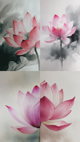 粉红荷花特写，中国工笔水墨画，象牙白背景，典雅禅意，花瓣晕染朦胧，画面留白，细腻线条，淡雅色调，柔和散射光，宁静氛围，宣纸质感，古典韵味，中心构图，水墨渐变。