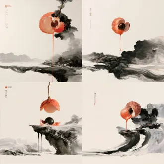 水墨白描荔枝，剖露果肉果核，水墨波纹坠落汇聚水墨村庄，宣纸纹理，左侧竖向毛笔字合江荔枝，疏密对比，东方传统审美，简约包装设计。