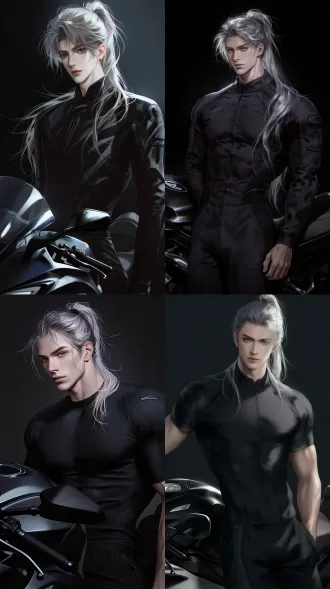 单人成年男性，180cm，灰白色长发扎高马尾，几缕碎发垂在脸颊，现代黑色机车运动套装，身材挺拔宽肩，利落帅气，热爱机车，站在机车旁，眼神锐利清冷，直视镜头，精致伪bjd人偶感五官，半厚涂绘画，60%写实度，西方艺术影响，细腻厚涂层，精致眉眼，根根分明发丝，电影级极致光影，丁达尔效应，高对比度，氛围感暗调环境，大胆构图，8k，超高清，uhd，海报质感，杰作，大师作品，突出人物主体