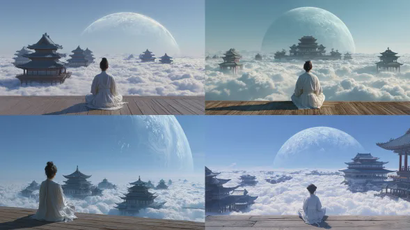 前景处，一位束着发髻、身着素白古风长袍的女子人物背对镜头，正于高处的木质平台上盘膝静坐，望向远方。 人物脚下是广袤无垠、蓬松如棉的翻涌云海，云海之上矗着规模宏大的中式古建筑群：核心是重檐层叠的主殿，向两侧延伸的亭台都以长柱架立于云海间，如同神话里悬浮在云端的天宫仙阙。 背景的澄澈蓝天中，一颗体量巨大的淡蓝色星球近乎占据半幅天空，视觉冲击力极强，表示了寂寥出尘的氛围。