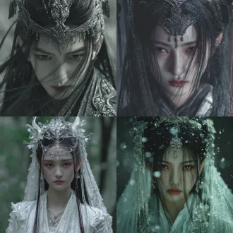 胶片风，真人感，正脸，奇幻森林背景，古风美女，妖纹，笔触，线条清晰，明暗对比，超高清，垂坠感，高级感，最高画质，超长发，精美抹额，发丝蓬松，邪魅，狭长的双眼，极致妖孽的容貌，极致清冷感，长睫毛，精美繁复华丽装饰，龙纹，精美配饰，绝美眼睛，阴森，细节五官。丰富细节，朦胧感，微距镜头，面部阴影，面部聚焦，丰富的细节，凌乱发丝拂面，高质量，写实逼真，亮晶晶，艳丽的油画质感，细腻肌理，仰拍视角，看向镜头，手拿面具，闪亮丝线飘逸，二次元