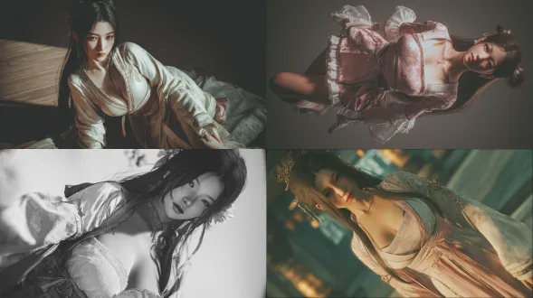 han dynasty, ultra - detailed, hyper - realistic style. shot with a telephoto lens to present a perspective view. the xianxia beauty inspired by the art style of nier:automata. the chest has a noticeable outward two dots contour. she has long, shapely legs, and her long hair flows gracefully. she strikes a coquettishly dynamic pose with a slightly curved waist and one hip subtly lifted to form a charming body arc. she is wearing a delicate and lightweight long dress made of silk. on the upper body, she pairs it with a traditional hanfu silk blouse. the cuffs of the blouse are designed in a slightly open traditional slitted style, with narrow piping trim along the edges. her exquisite makeup, the fabric of her clothes, and the texture of her skin are all highly realistic. cinematic lighting enhances the atmosphere. the depth - of - field effect softly blurs the background, and high - contrast lighting accentuates details. the composition incorporates excellent physical effects and is rich in details.