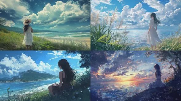 美丽的少女在岸边看风景