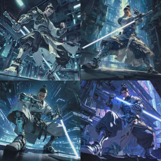 赛博机械武侠人物，全身特写，未来都市废墟，霓虹灯光，赛博朋克风格，机械外骨骼，中式武侠服饰，冷峻表情，动态姿势，手持光剑，金属质感，冷色调，广角镜头，低角度，电影级灯光，未来感，战斗姿态，科技与古典融合，震撼视觉。