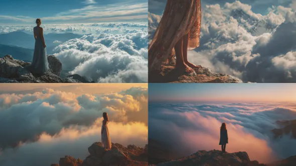 一位美女站在山顶之巅，脚下是无数云海，非常有意境