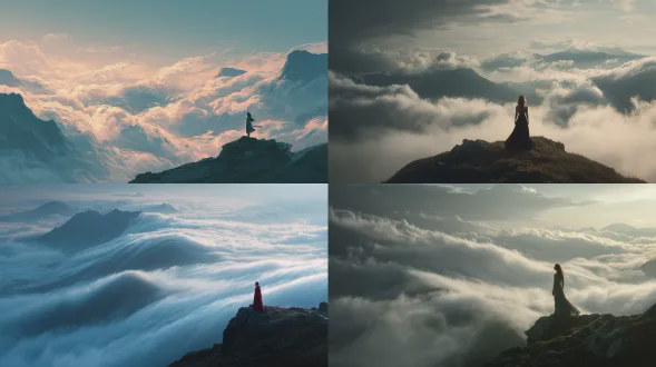 一位美女站在山顶之巅，脚下是无数云海再翻涌。整体要非常有意境，画面要明亮，不要太暗了。。