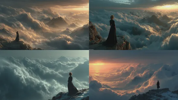 一位美女站在山顶之巅，脚下是无数云海再翻涌。整体要非常有意境，真实感，画面要明亮。氛围要气势磅礴。