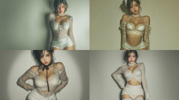 一位亚洲年轻女性，身穿浅色系紧身薄纱上衣和超短裙，搭配白色长筒袜，露肩露脐设计，眼神美丽自然，身材曲线优雅，姿势自然自信。图像为全身写实风格，4k超高清分辨率，柔和光线处理，皮肤纹理细腻，服装材质真实，具有电影感的景深效果，整体画质清晰锐利，构图专业。