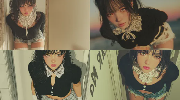 画面风格为 时尚甜酷写实风，色调柔和且带粉紫氛围光，光影细腻，突出青春潮流穿搭与甜酷气质。采用 近景镜头（平视视角），聚焦人物上半身到腿部，呈现精致穿搭细节与姿态。 关键元素： 人物造型： 发型：黑色长直发（顺滑垂落，自然蓬松感），空气刘海修饰额头。 穿搭： 上衣：黑色短款针织衫（白色纽扣、领口 / 袖口撞色设计），搭配白色蕾丝颈饰（镂空绑带，甜酷混搭）。 下装：做旧牛仔短裤（毛边设计，复古潮流），配白色过膝袜（袜口褶皱，增添俏皮感）。 环境： 背景：简约室内（浅米色墙面、柔和光线），营造干净纯粹的氛围，突出人物主体。 光影色彩： 柔光均匀洒在人物身上，粉紫调氛围光打亮面部与发丝，凸显皮肤通透感；黑色上衣与白色配饰形成鲜明对比，色彩层次丰富却和谐，强化甜酷风格。 构图： 人物居中，近景展现穿搭全貌，从发型到袜子的细节逐一呈现，背景简洁不抢镜。画幅比例 9:16（适配竖版人像展示），突出潮流穿搭与人物气质。 风格氛围： 通过甜酷混搭穿搭（蕾丝颈饰 + 牛仔短裤 + 过膝袜）、柔和氛围光与精致造型，传递青春时尚、甜中带酷的个性风格