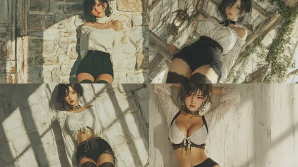 画面风格：时尚前卫风，色调柔和，光影贺人物细腻真实。 人物：一名亚洲少女，身材出众，身穿浅色白色短上衣，下装黑色超短裤并搭配黑色长袜。 表情：眼神自然，表露着自信。 画面风格：全身写实照，4k分辨，皮肤细腻有电影感。