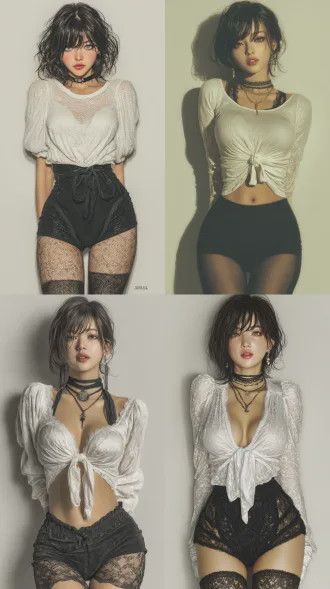 画面风格：时尚前卫风，色调柔和，光影贺人物细腻真实。 人物：一名亚洲少女，身材出众，身穿浅色白色短上衣，下装黑色超短裤并搭配黑色长袜。 表情：眼神自然，表露着自信。 画面风格：全身写实照，4k分辨，皮肤细腻有电影感。