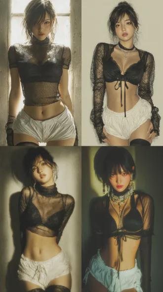 画面风格：时尚前卫风，色调柔和，光影贺人物细腻真实。 人物：一名亚洲女性，身材出众，身穿薄纱黑短上衣，下装白色超短裤并搭配黑色长袜。 表情：眼神自然，表露着自信。 画面风格：全身写实照，4k分辨，皮肤细腻有电影感。