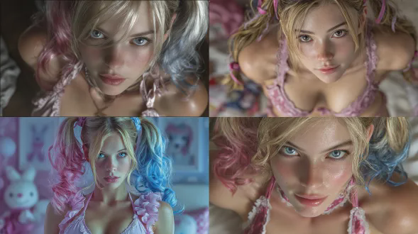 3d rendering style, cg illustration, a beautiful woman with blonde hair tied in two ponytails, one pink and the other blue. she was wearing a pink bikini and looking up from a low angle. the background was a bedroom and a bed, with soft and natural lighting