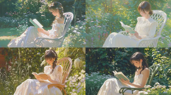 亚洲美女户外阅读，白色长裙，完美身材，坐在椅子上，自然光线，柔和色调，远景镜头，宁静表情，花园背景，优雅姿态，专注阅读，清新自然。