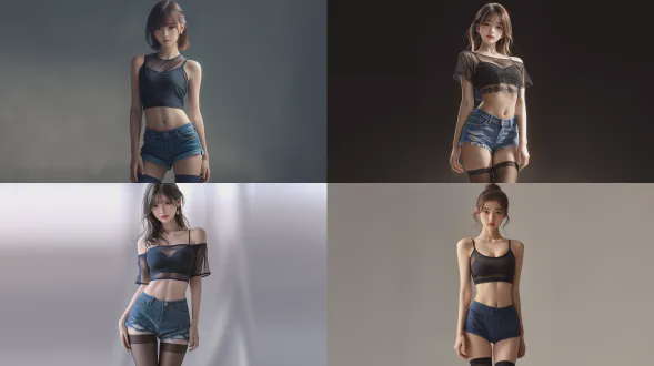 画面风格：时尚前卫风，色调柔和，光影贺人物细腻真实。 人物：一名亚洲女性，身材出众，身穿薄纱黑短上衣，下装蓝色超短裤并搭配蓝色长袜。 表情：眼神自然，表露着自信。 画面风格：全身写实照，4k分辨，皮肤细腻有电影感。