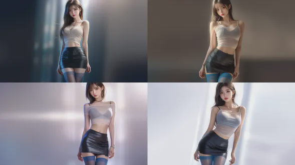 一位亚洲年轻女性，身穿浅色系紧身薄纱上衣和黑色超短裙，搭配蓝色长筒袜，露肩露脐设计，眼神美丽自然，身材曲线优雅，姿势自然自信。图像为全身写实风格，4k超高清分辨率，柔和光线处理，皮肤纹理细腻，服装材质真实，具有电影感的景深效果，整体画质清晰锐利，构图专业。