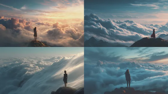 一位美丽的女子站在高山上顶峰，脚下是无数云海中气翻涌。真实感，电影感，。特别的震撼