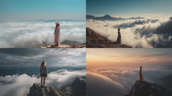 一位美女站在山顶之巅，脚下是无数云海，非常有意境