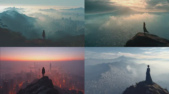 一位美女站在山顶之巅，山下是微观的城市，非常有意境，非常震撼。