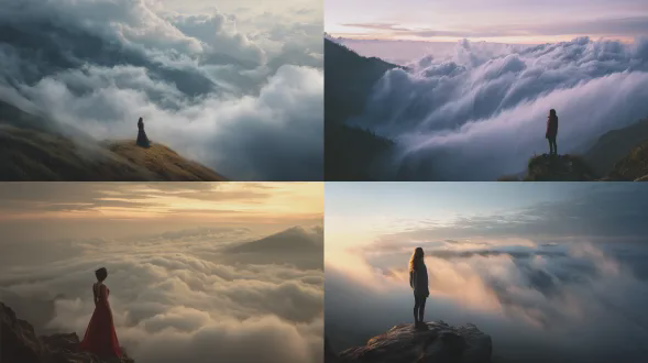 一位美女站在山上，周围是一片云海再翻涌，非常有意境，非常真实，非常震撼。
