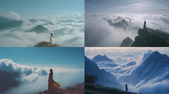 一位美女站在山上，周围是一片云海再翻涌，整体画面明亮清新，非常有意境，非常真实，非常震撼。
