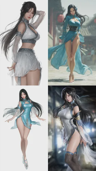 2d anime illustrations cg style. telephoto lens, perspective view. cyber armor xianxia beauty, inspired by the art style of (dynasty warriors 9) and resembling zhen ji . the chest has a noticeable bulge outward contour, has long, shapely legs, and her long black hair flows gracefully. she strikes a coquettishly dynamic pose with a slightly curved waist and one hip subtly lifted to form a charming body arc. she wears a delicate and lightweight long dress made of a ruqun (a traditional han - style top - and - skirt set). the top features a stand - up collar with narrow piping resembling cyber - armor. the skirt is lightweight, with one side of the hem being extremely long, and it has cyber - armor - inspired patterns at the hem. her exquisite makeup, the fabric of her clothes, and the texture of her skin are all highly realistic. cinematic lighting enhances the atmosphere. the depth - of - field effect softly blurs the background, high - contrast lighting accentuates details. set in a han - dynasty - era environment. excellent physical effects. the composition incorporates