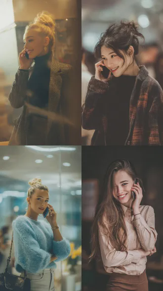 时尚美女，穿着时尚服装，时尚发型，清纯，微笑，室内，正在打电话，显瘦显高，年轻，远景虚化，8k画质，富士相机滤镜