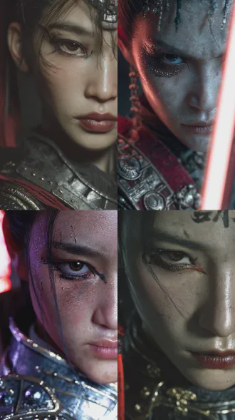 赛博武侠・女侠客（超写实特写） 超写实摄影，电影级质感，8k，细腻皮肤纹理，毛孔清晰，亚洲女性侠客，面部冷峻凌厉，机械义眼与古风妆容结合，金属护甲与丝绸汉服混搭，霓虹侧光勾勒轮廓，雨雾氛围，强对比光影，极致细节，静态压迫感，无卡通无二次元，真实质感，hdr 高动态范围