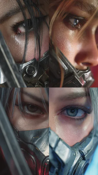 超写实特写，赛博女侠客面部特写，细腻皮肤纹理、睫毛与发丝清晰，半边机械面具覆盖脸颊，冷色调侧光，背景虚化出巨型浮空剑山，画面极致聚焦，冲击力极强，无卡通渲染，真实摄影质感