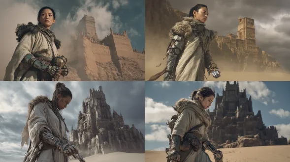 画面主体是一名美丽的东方江湖女武者，她身着磨损残破战甲、做旧质感的浅色系古风粗布袍服，肩甲还带着蛮荒质感的毛皮装饰，最具冲击力的是她的右臂是精密的机械义肢：铜色金属结构搭配泛着冷光的透明管线，未来科技感和传统古装形成强烈碰撞，她手中还握着特殊的科技感器物，气质冷冽。 背景是高大的古堡，透露着诡异的气息和壮观体量，黑云衬着古堡上空，不安感和人物身上混搭的武侠 + 科幻特质相契合，整体塑造出了荒漠独行的特殊武者形象。真实人物质感，8k画质。。