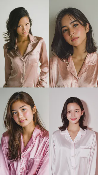 white background, indoor photography, featuring an 18-year-old asian female model with shoulder-length hair, captured from a frontal perspective. she wears silk pajamas, exuding elegance and grace. the scene is illuminated by soft light, showcasing clear details. shot with a large aperture lens, it captures natural light beautifully, resulting in a static image of refined elegance. the color palette is subtle and delicate, while the 8k high-definition resolution ensures exquisite quality. a close-up of her head reveals exquisitely smooth skin and a gentle expression. this is a product of professional photography, boasting rich details, soft lighting, and elegant colors that perfectly complement her refined demeanor.