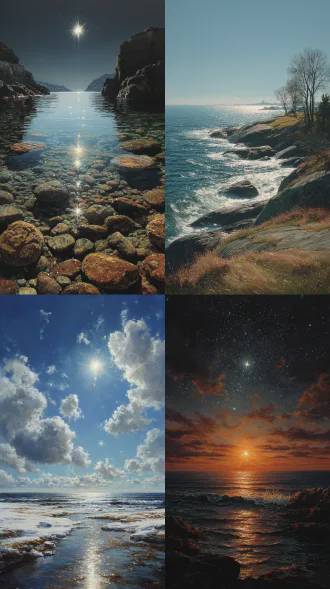 一个真实的摄影山水画 与 无 与 伦比 的现实， 广阔的视野， 在 海面上， 星星， 阳 光， 冬天， 光效果， 现实主义， 丹 尼斯 萨 拉欣 ， 艺术站