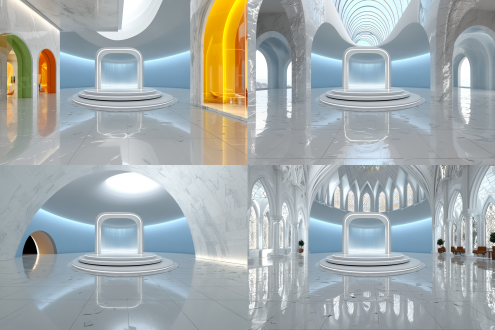 科幻风格圆形展示台，玻璃几何结构，实验室场景，白蓝主色调，未来极简主义，现代工作室灯光，3d渲染，高清细节，白色光效，精密仪器，几何线条，冷色调，科技感，对称构图，平滑表面，环境光，金属质感，透明材质，实验室设备，高端氛围，无影照明，高对比度，精密机械。