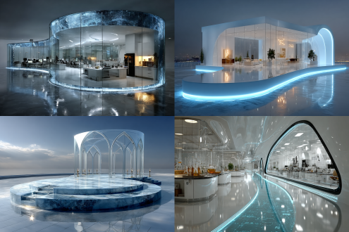 科幻风格圆形展示台，玻璃几何结构，实验室场景，白蓝主色调，未来极简主义，现代工作室灯光，3d渲染，高清细节，白色光效，精密仪器，几何线条，冷色调，科技感，对称构图，平滑表面，环境光，金属质感，透明材质，实验室设备，高端氛围，无影照明，高对比度，精密机械。