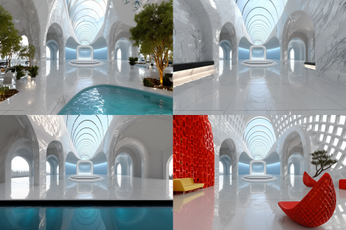 科幻风格圆形展示台，玻璃几何结构，实验室场景，白蓝主色调，未来极简主义，现代工作室灯光，3d渲染，高清细节，白色光效，精密仪器，几何线条，冷色调，科技感，对称构图，平滑表面，环境光，金属质感，透明材质，实验室设备，高端氛围，无影照明，高对比度，精密机械。