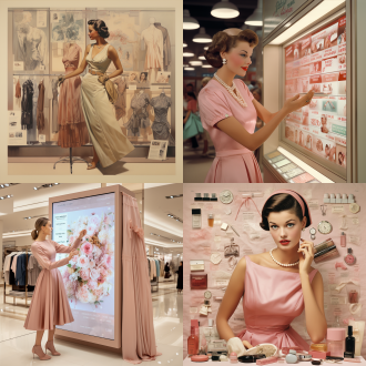 画面整体色调偏柔和和温暖，以浅米色与淡粉色为主。海报左侧是一位优雅地女士静静地站在布置温馨的商场服饰区，手指轻轻触碰一件精美的连衣裙，脸上露出惬意的神情。右侧有序成列着当季热门的女性商品，如时尚手袋、护肤品等，商品旁有清晰地价格标签和折扣信息。海报正上方用深咖色的艺术字体写上“三八妇女节，优雅购物盛宴”，下方角落标注商场的活动时间和地址。