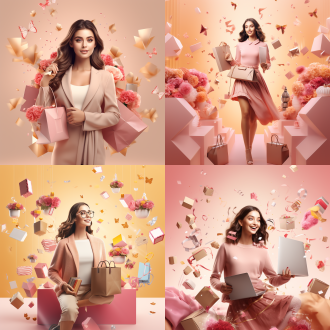 a vibrant e-commerce poster for women is day, elegant woman holding shopping bags smiling, surrounded by floating gift boxes and floral wreathes, pink and gold color scheme, soft gradient background , cosmetics and jewelry products displayed with sparkling effects, modern flat design with subtle 3d elements, warm sunlight, clean composition, minimalist luxury style, trending on artstation 8k detailed