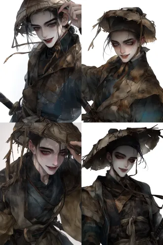 handsome young male wuxia wanderer, charming street-smart young swordsman, lively expressive eyes, slightly raised eyebrows, a sly playful smile, clever and mischievous expression with genuine kindness beneath, wearing a battered old chinese straw rain hat, worn frayed brim, uneven weathered straw weaving, a few loose strands of black hair escaping beneath the hat, casual and slightly shabby ancient chinese martial arts clothing, faded earthy brown and muted blue-gray layered robes, loosely tied cloth belt, worn fabric, practical travel clothes, a sword in a simple scabbard at his waist, relaxed unrestrained posture, roguish charm, warm-hearted jianghu drifter, clever market-street personality, looks like a cheeky young man who knows every trick in the marketplace but would secretly help a stranger in trouble, ancient chinese rivers and lakes atmosphere, expressive character design, beautiful refined male facial features, loose flowing fabric, lively gesture, bold dynamic composition, cinematic natural lighting, painterly anime illustration, detailed linework, sophisticated color palette, masterpiece, high quality character concept art